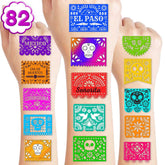 82 PCS Mexican Tattoos Temporary Theme Fiesta Birthday Party Decorations Supplies Favors Cinco De Mayo Papel Picado Tattoos Stickers for Kids Prizes Rewards
